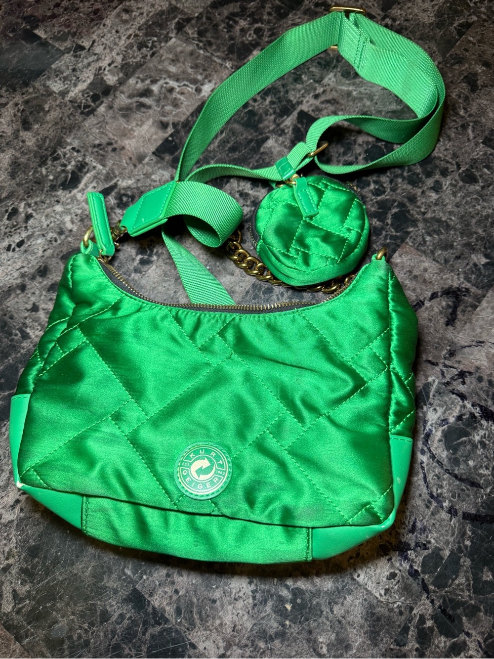 Kurt Geiger Bright Green Quilted Satin Crossbody with Coin Pouch - Picture 2 of 6